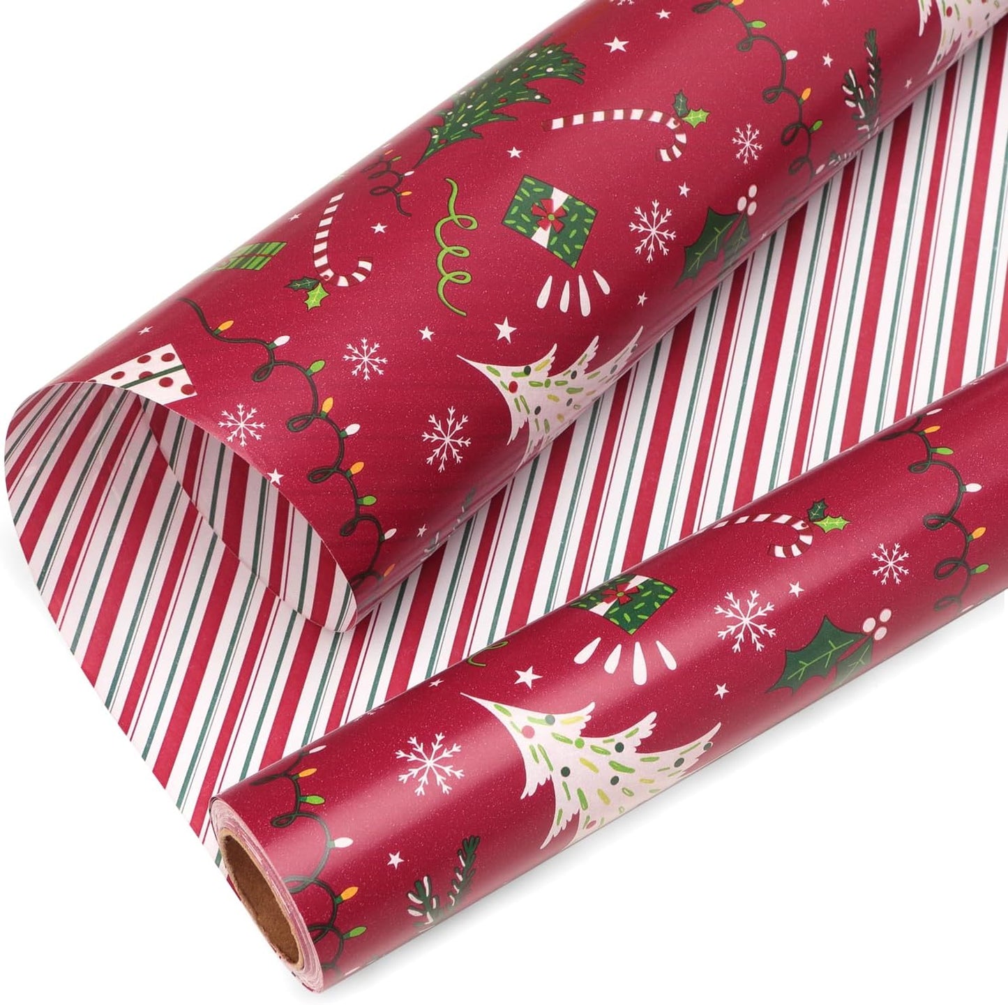 Ribbli Christmas Wrapping Paper Reversible Christmas Tree and Red Green Stripe Gift Wrapping Paper-17 Inch x 33 Feet