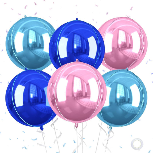 Giant Foil Balloons, 6Pcs Large Metallic Light Blue Royal Pink Round Balloons, 22 Inch Big Round Foil Balloon for Blue and Pink Birthday Party Baby Shower Gender Reveal Decorations