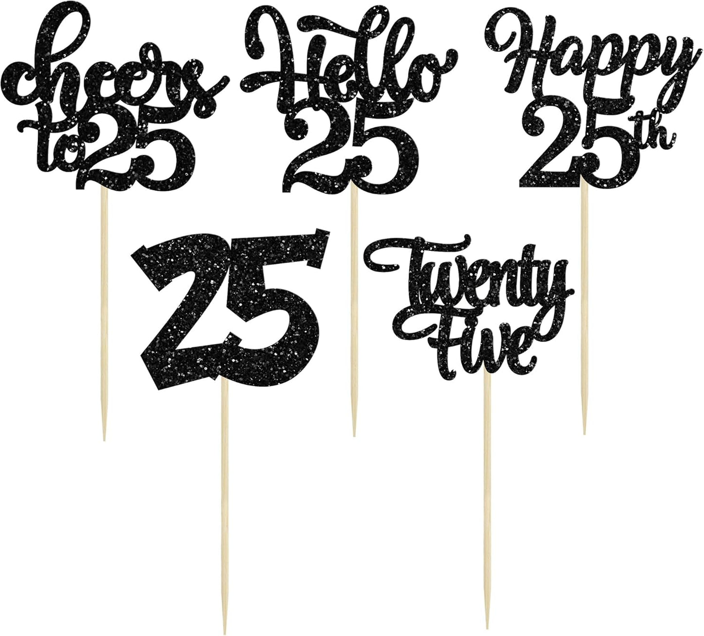 30pcs 25th Birthday Cupcake Toppers - 25th Anniversary Cake Decorations with Black Glitter