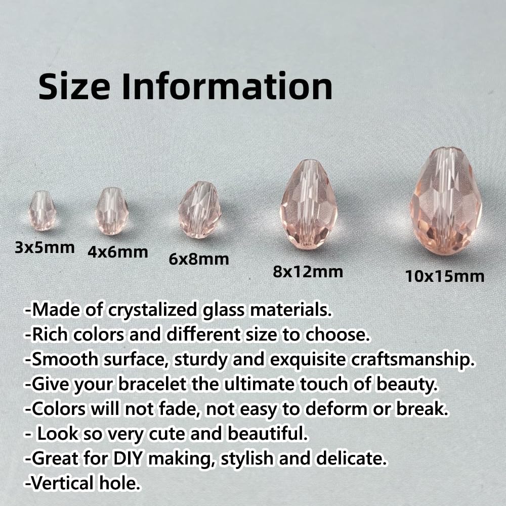 200pcs 3x5mm Teardrop Crystal Glass Beads for Jewelry Making, Faceted Vertical Hole Teardrop Glass Spacer Beads for Wind Chimes Bracelet Earring Necklace DIY Craft(Pink)