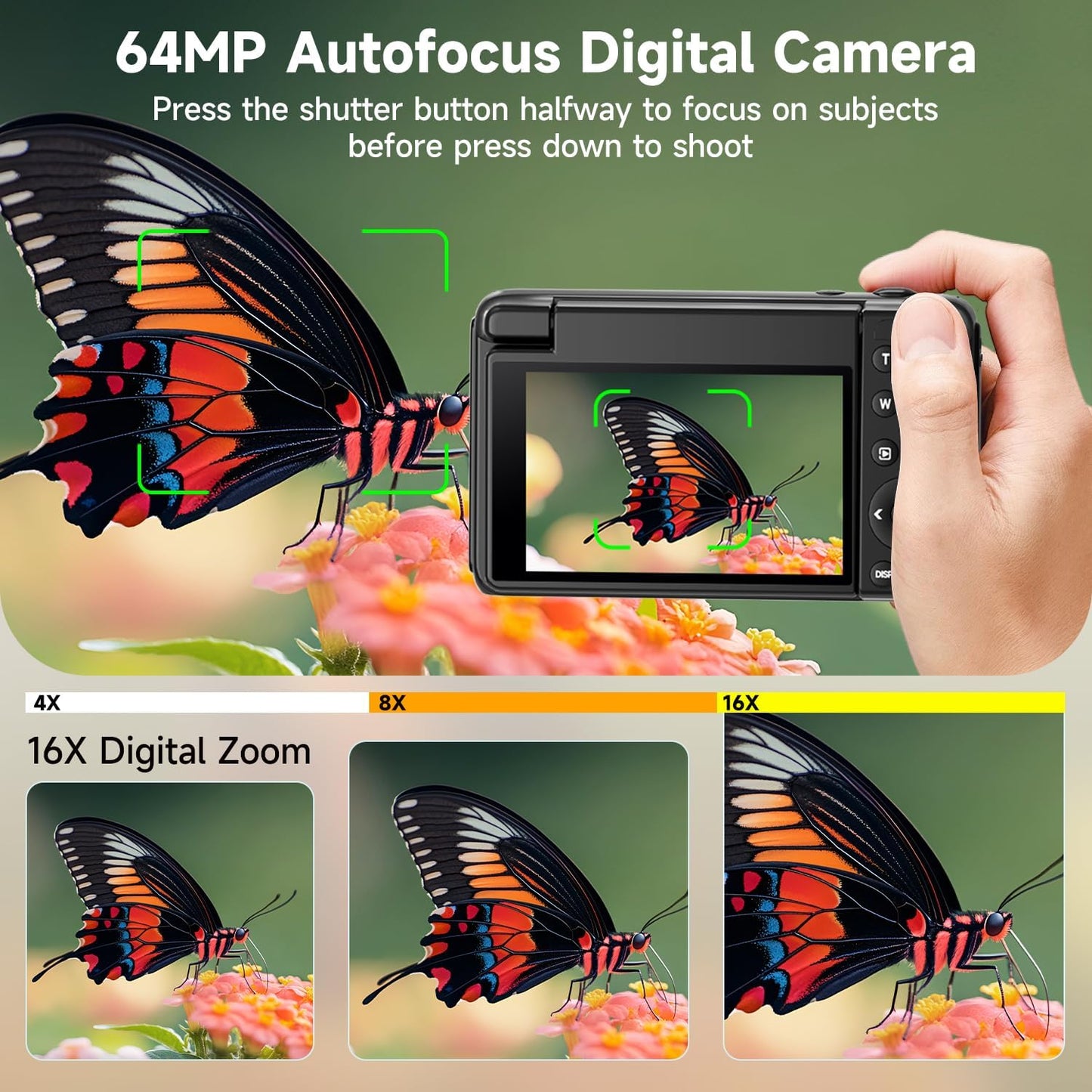 4K Digital Camera for Photography, Autofocus 64MP Vlogging Camera for YouTube with 3" 180° Flip Screen, 16X Zoom Compact Travel Point and Shoot Camera with Flash for Beginners, 64GB Card, Black