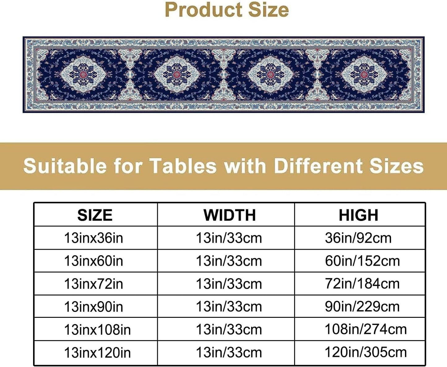 Elegant Palace Boho Blue Table Runner Vintage French Style Farmhouse Geometric Home Farmhouse Kitchen Table Dining Coffee Room Garden Party Wedding Decor 13x108in