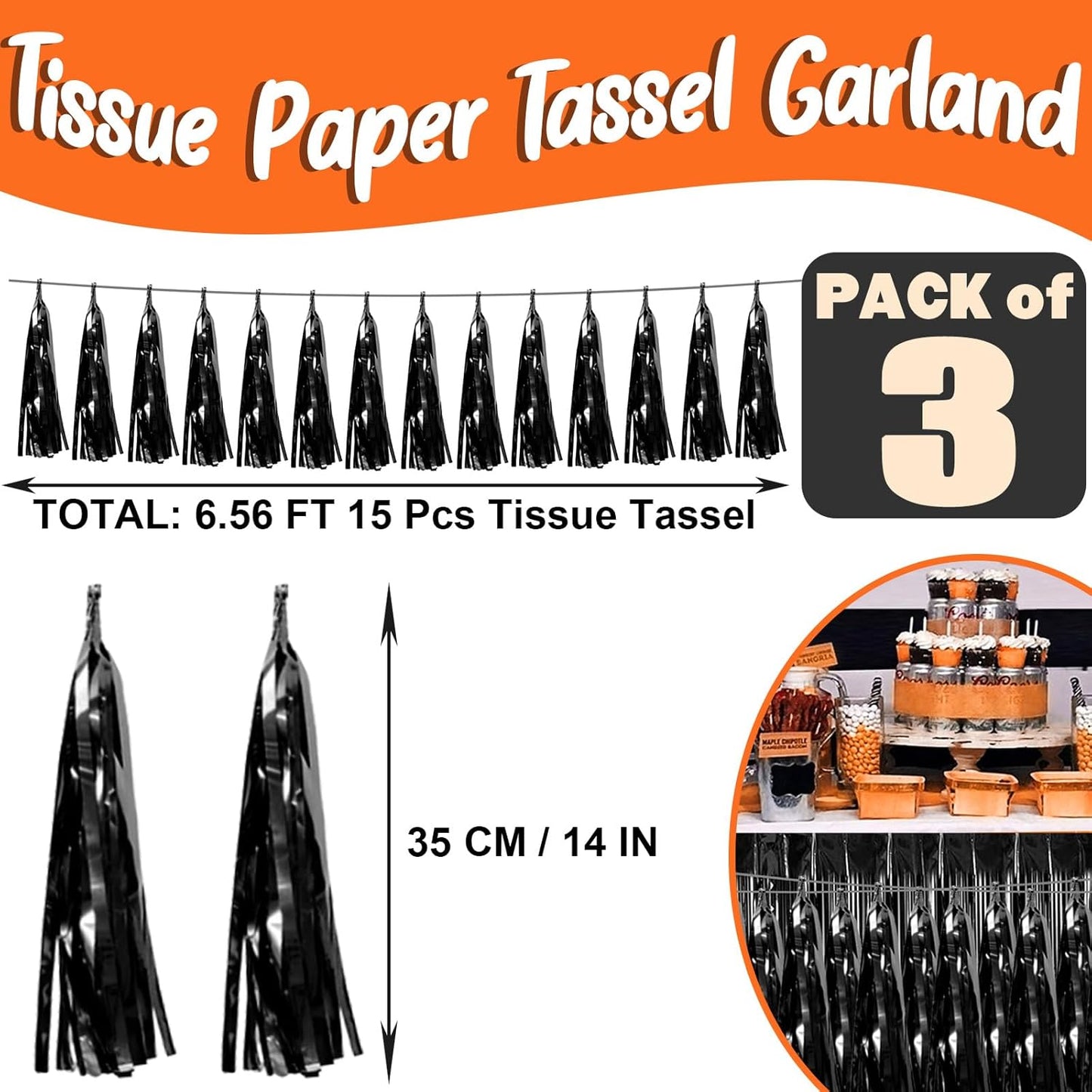 3P Black Foil Fringe Metallic Tassel Streamers Banner Tassel Garland for Parade Floats, Bachelorette, Wedding, Birthday, Halloween, Christmas, Bridal/Baby Shower Party Decorations