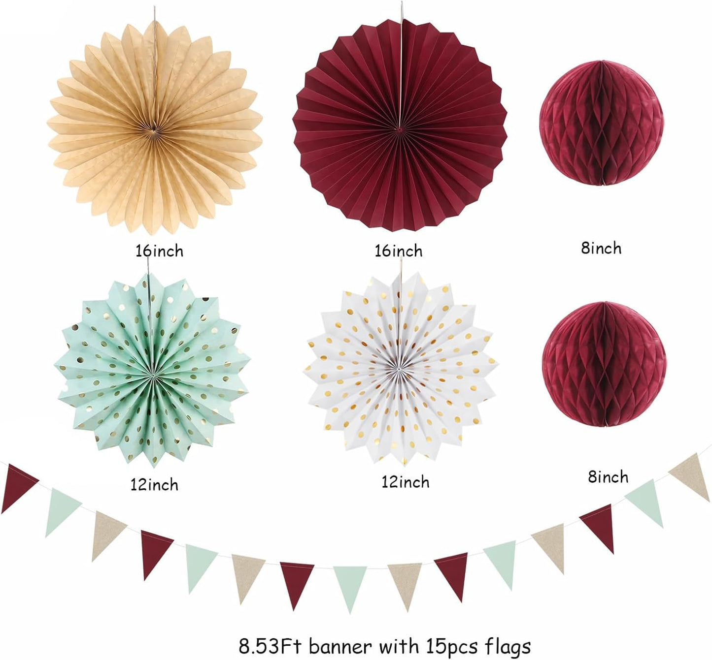 Sage-Olive Green Burgundy-Champagne Boho Party-Decorations - 20pcs Birthday Paper Lanterns Fans,Tissue Pom Poms,Honeycomb Balls,Bunting,Christmas Bridal Baby Shower Wedding Engagement Decor Burgleda