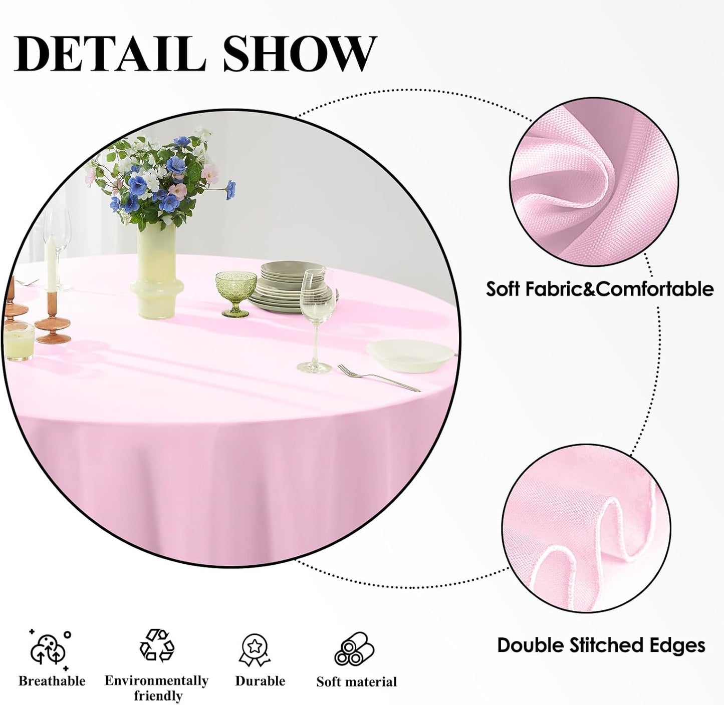 Round Tablecloth 132 Inch 2 Pack Pink Tablecloths Washable Decorative Linen Polyester Table Clothes Cover for Dining Table Banquets Buffet Parties and Wedding