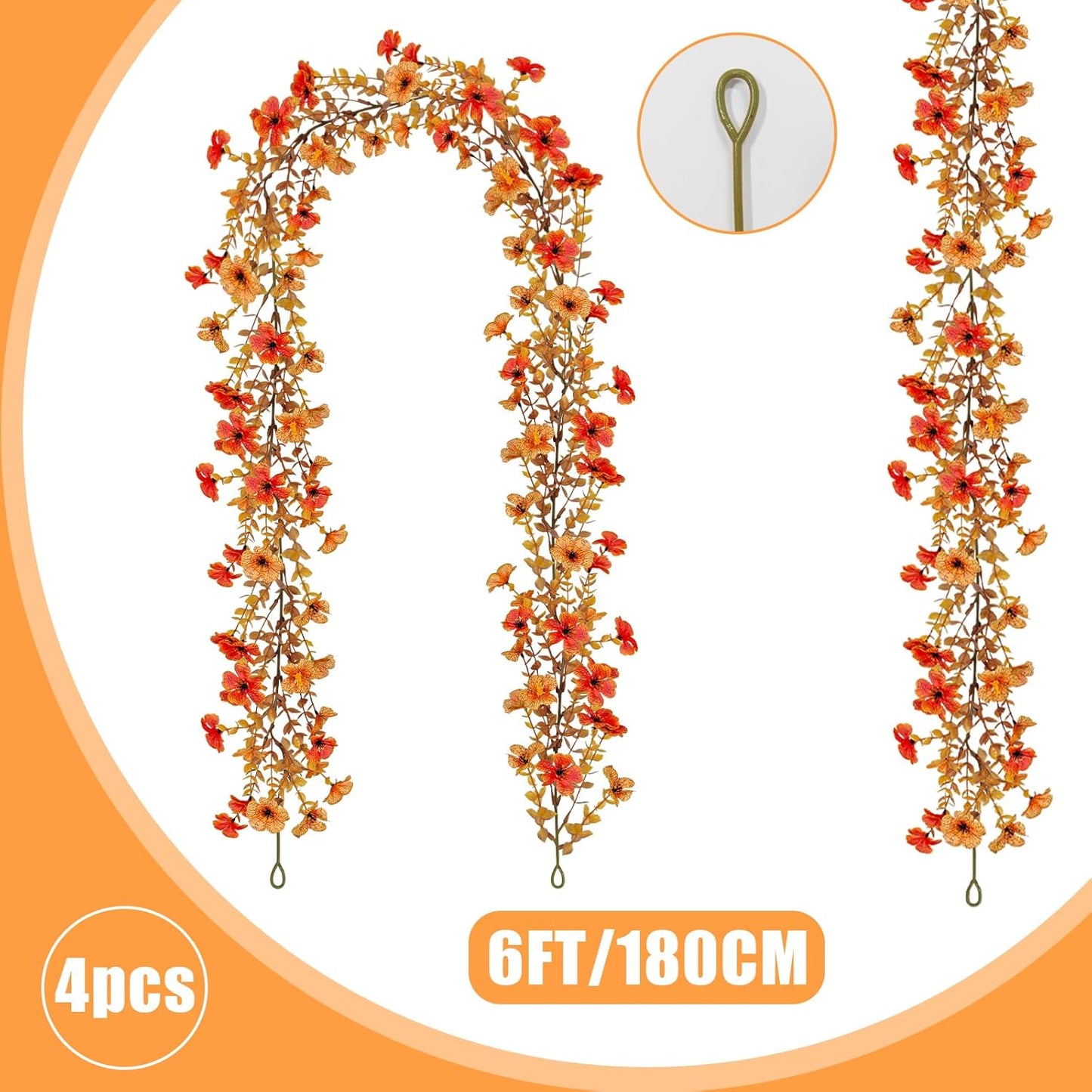4 Pack Artificial Fall Flowers Garland, 6 FT Fall Decorations Fake Mums Floral Vines UV Resistant Faux Hanging Flower Ivy Garland for Home Party Table Wall Decor (Orange + Autumn Yellow)