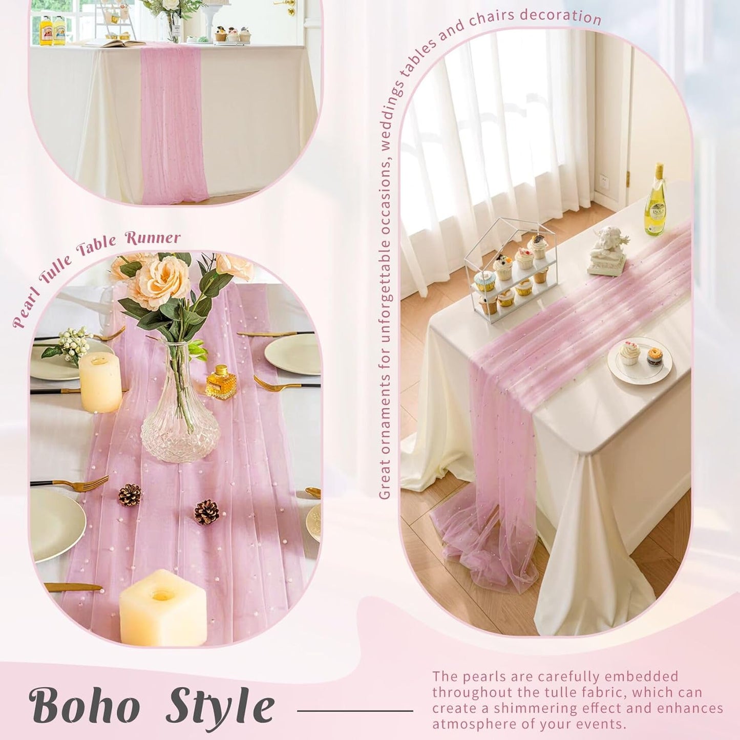 Set of 6 Pearl Table Runner 29 x 120 Inch Tulle Fabric Lace Table Runners Boho Rustic Tablecloth for Bridal Shower Birthday Party Wedding Arch Aisle Veil Dessert Table Decor(Pink)