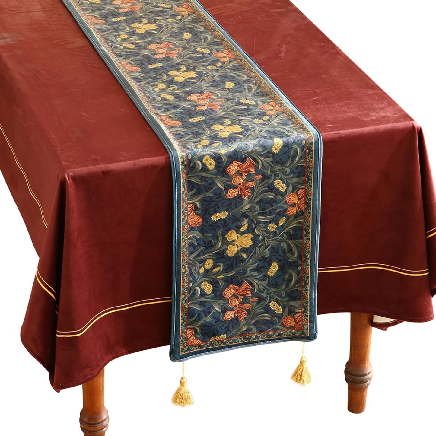 patdrea Designer Casual Wild Floral Velvet Table Runner 87 Inch Long, Dark Blue Occult Bouquets Pattern Table Mat, Decoration for Kitchen Dining Coffee Table Cabinet Banquet Thanksgiving,12"*87"
