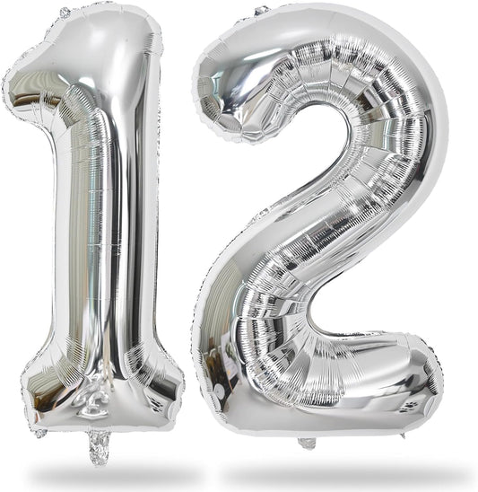 Silver 12th Birthday Balloons for Boys, 40 Inch Mylar Self Inflating 12 Balloon Number, Big Foil 1 and 2 Helium Balloons for Women Girls 21st Birthday Party Decorations Anniversary Decor Supplies