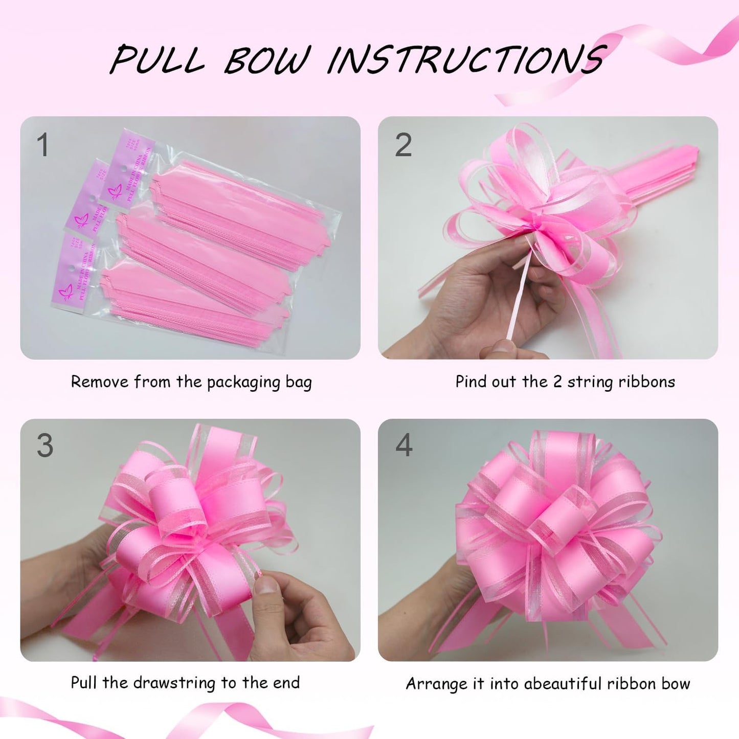 6 Count Pink Organza Satin Pull Bows, 6 inches, Wedding, Bridal Shower, Baby Shower, Modern Style, Flower Shaped, Easy to Use, Gift Wrapping Decorations