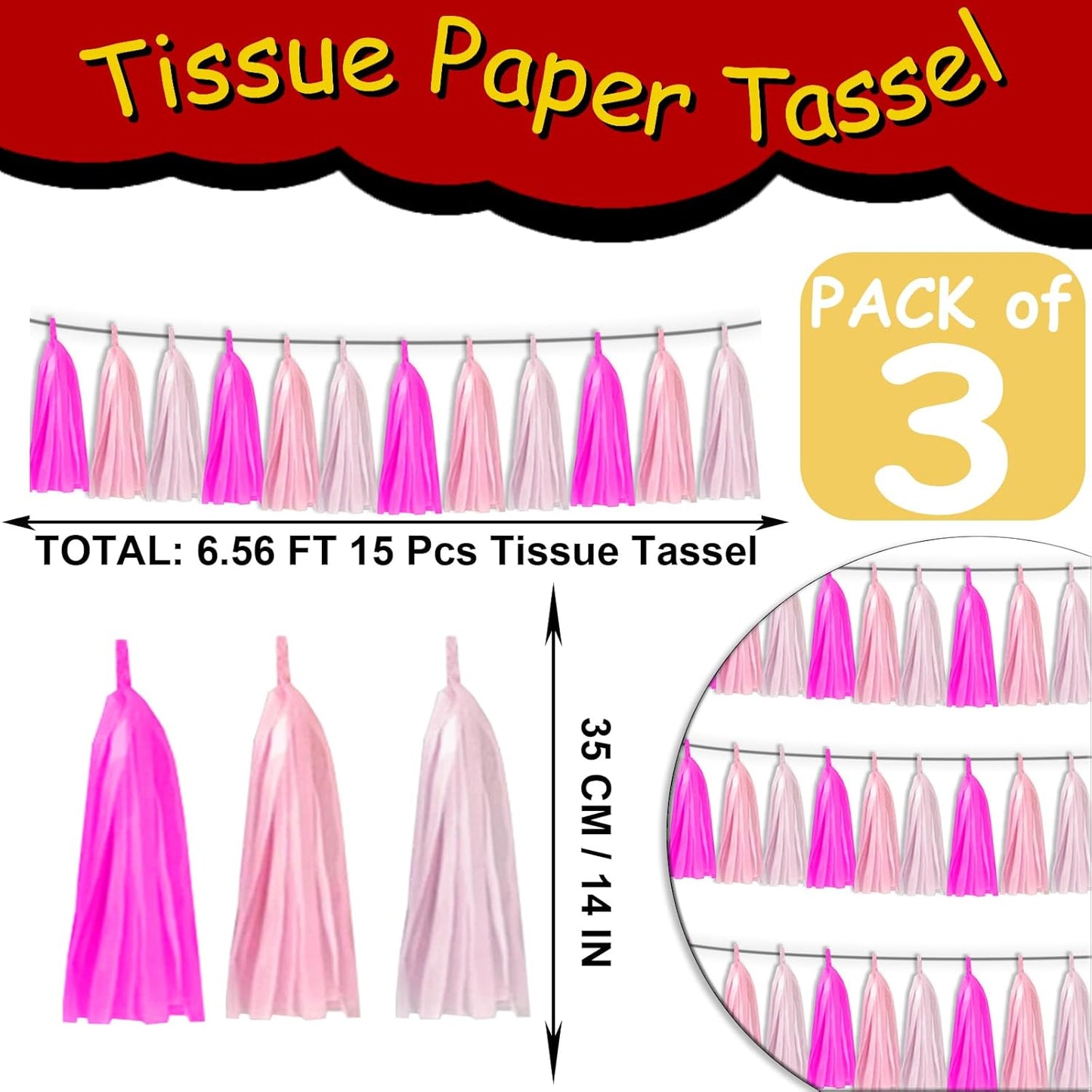 3P Maca-Rose Red Pink LightPink Metallic Fringe Banner Garland Foil Tinsel Streamer Backdrop Banners for Parties, Wall Hanging Curtain Parade Floats,Graduation Decorations, Wedding Party Decoration