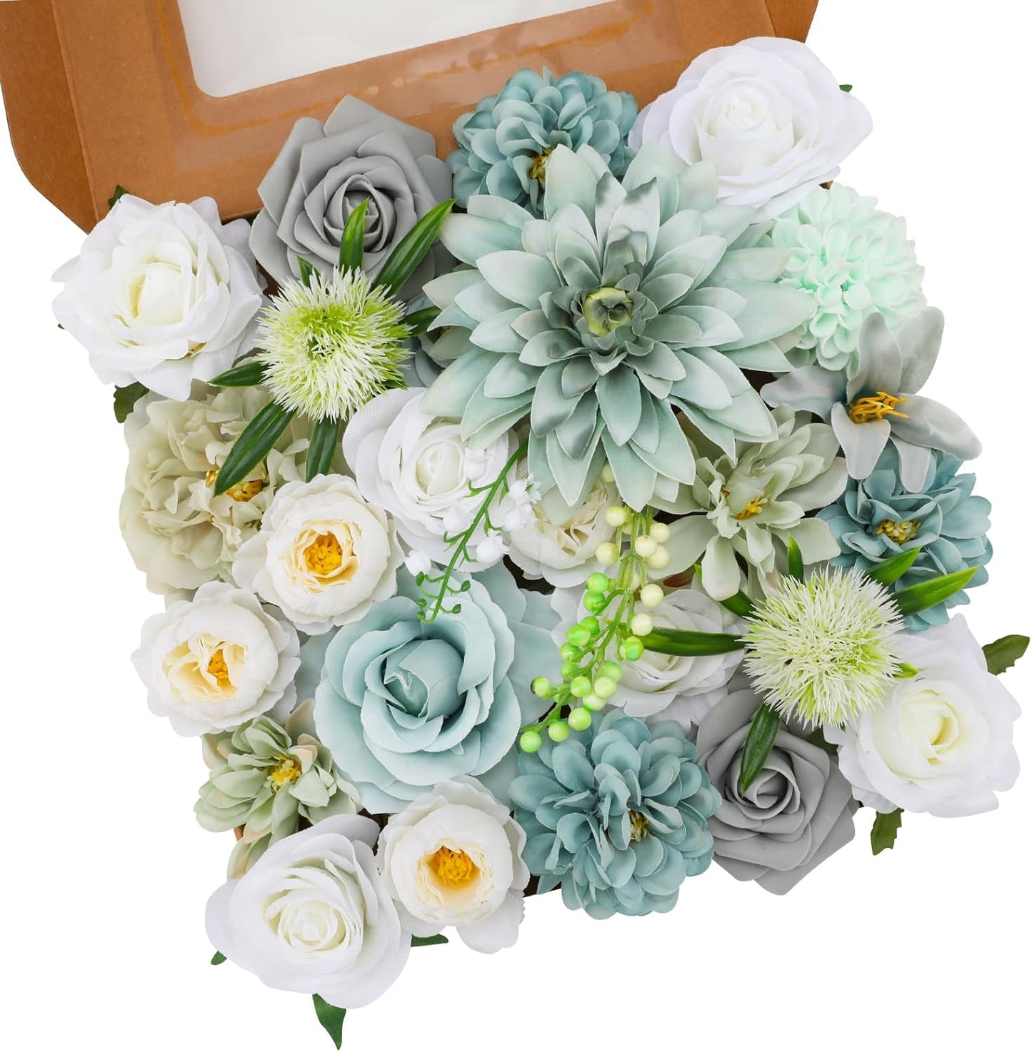 Floweroyal Artificial Flowers Combo Teal Blue Flowers Mix Silk Flowers Dahlia Roses with Stems for DIY Wedding Bridal Bouquets, Baby Shower, Floral Arrangement, Table Centerpieces, Home Decorations.