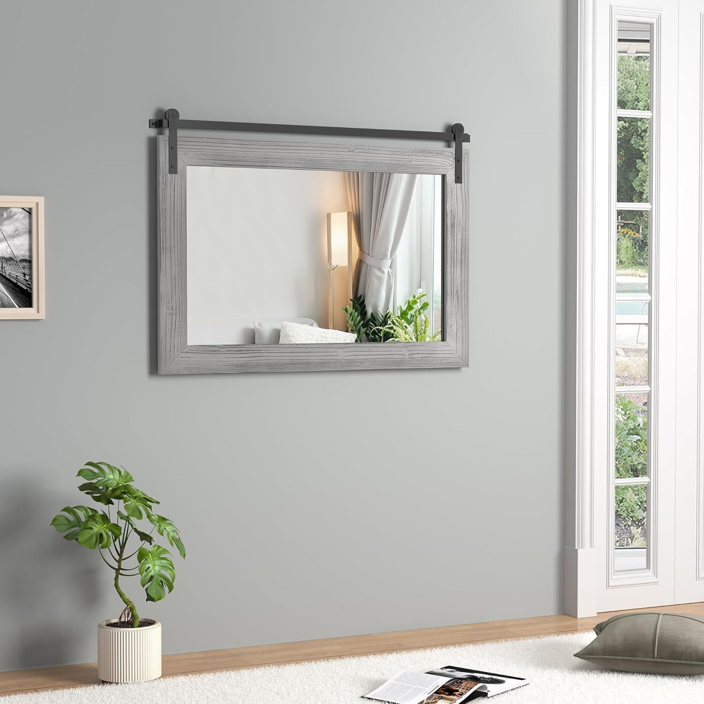 COGOOD Farmhouse Bathroom Mirror - 41" x 30" Rustic Barn Door Mirror for Living Room, Entryway, Bedroom, Vanity Wall Decor (Grey)