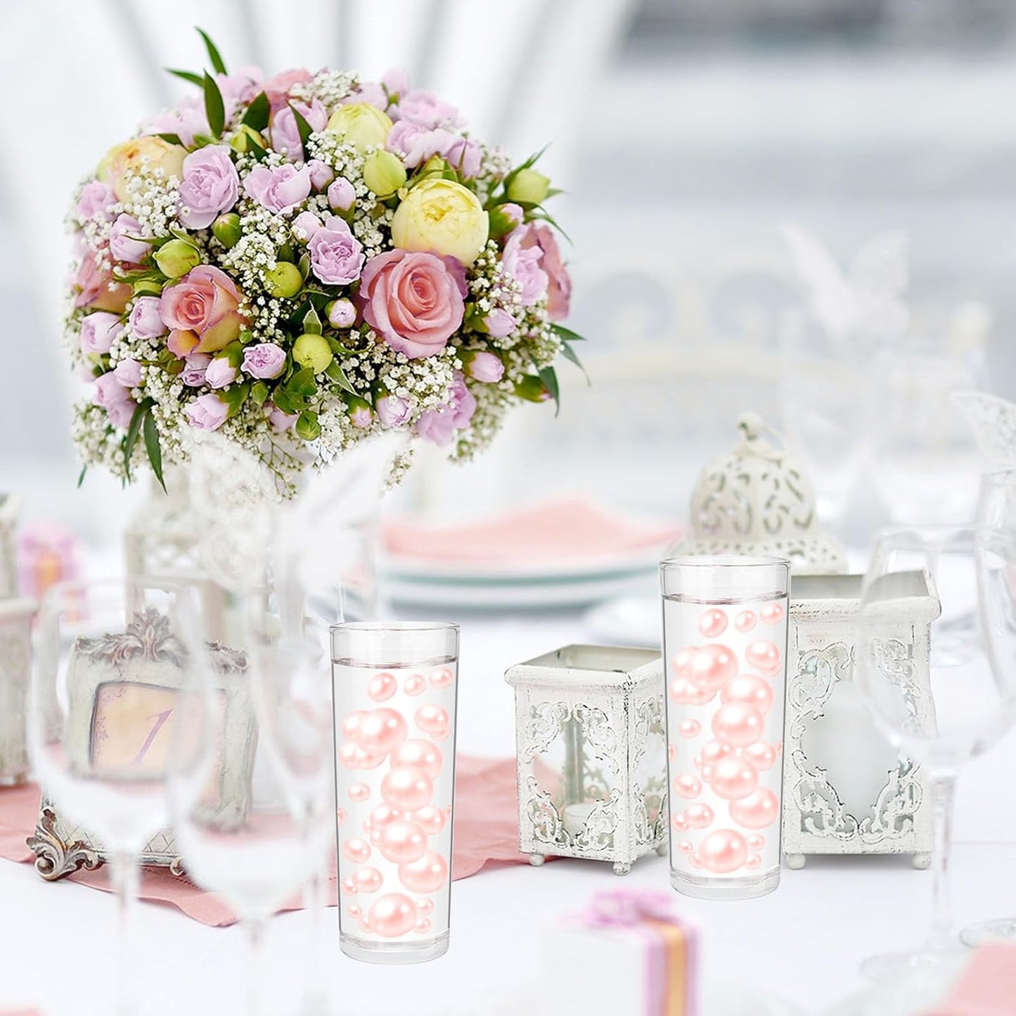 100PCS Light Pink Faux Pearls Beads for Centerpiece Vases, Vase Filler Faux Pearls, No Holes Filler Beads for Easter Party Anniversary Birthday Wedding Table Decor, 14/20/30mm