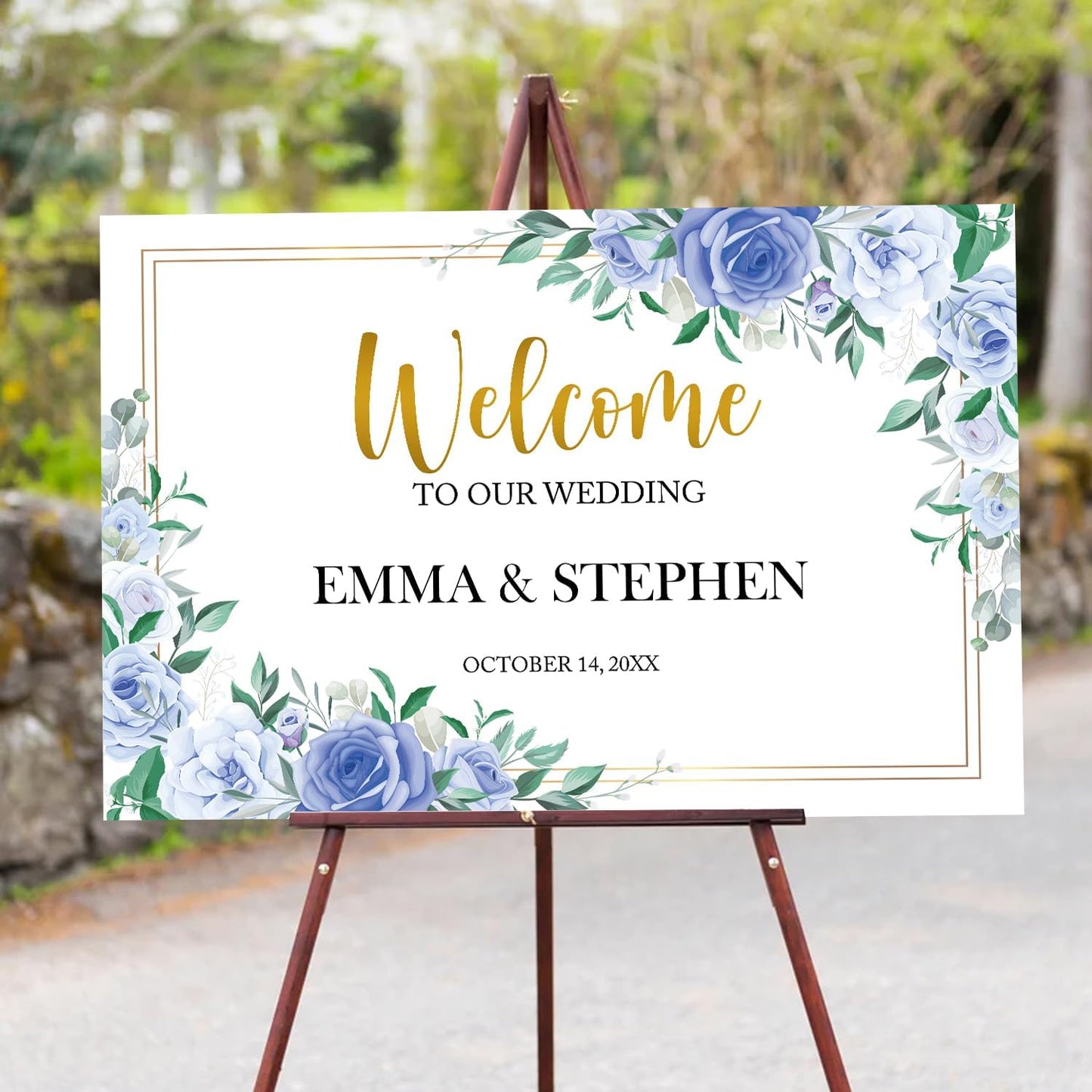 Dusty Blue and Gold Wedding Welcome Sign Template, Printable Landscape Welcome Sign with Blue White Flowers, Elegant Floral Wedding Reception Decor