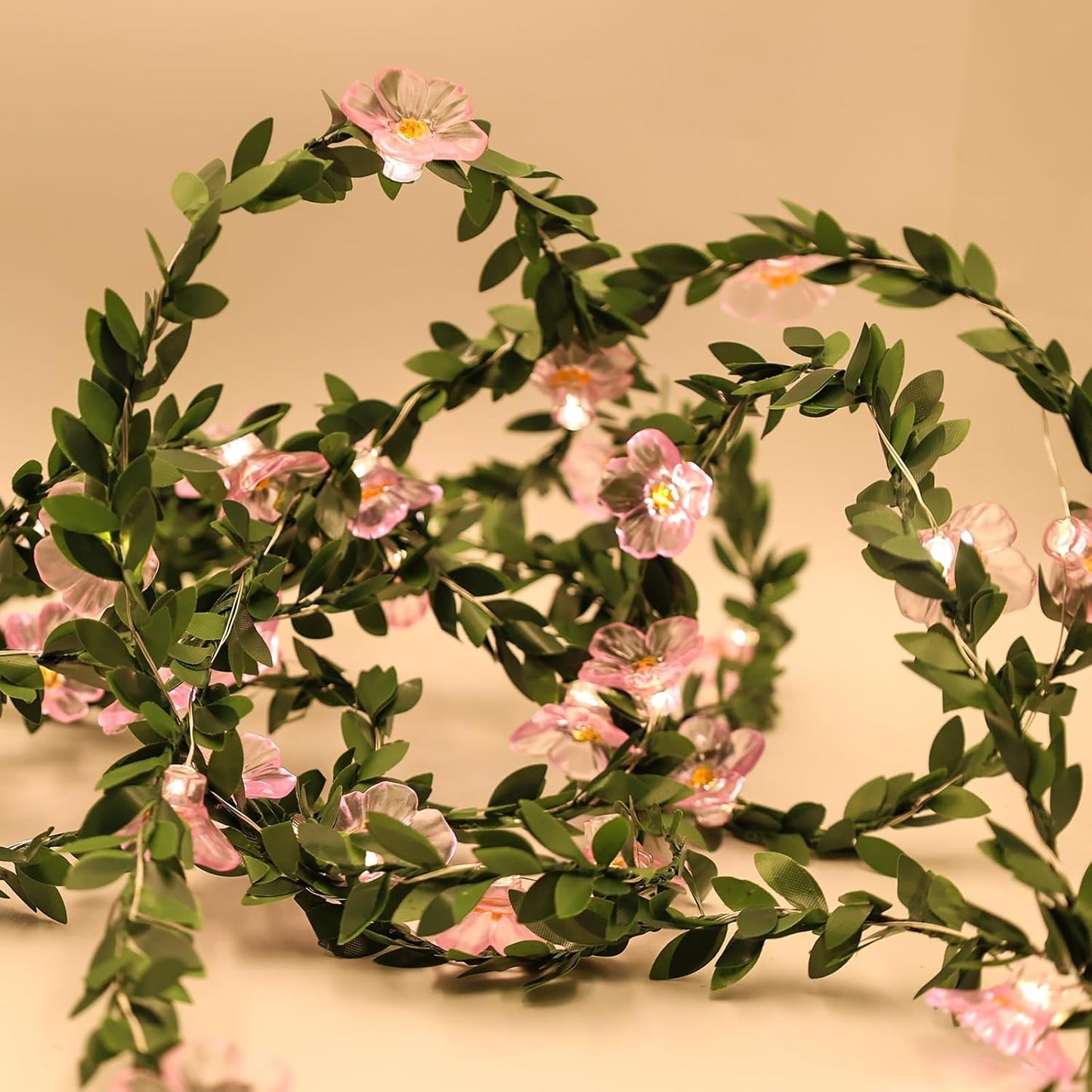 Decorative Fairy Vine Flower String Lights With Leaf, USB Plug In 16.5ft 50 LED Pink Cherry Blossom Garland Spring Decorations for Bedroom Wall Wedding Birthday Christmas Hanging Decor (Warm White)