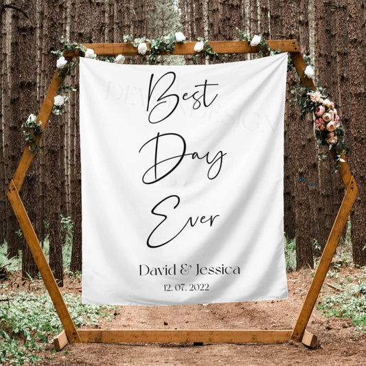Best Day Ever Backdrop - Custom Tapestry with Names & Date, Personalized Calligraphy Banner for Ceremony & Reception, Rustic Wedding Sign