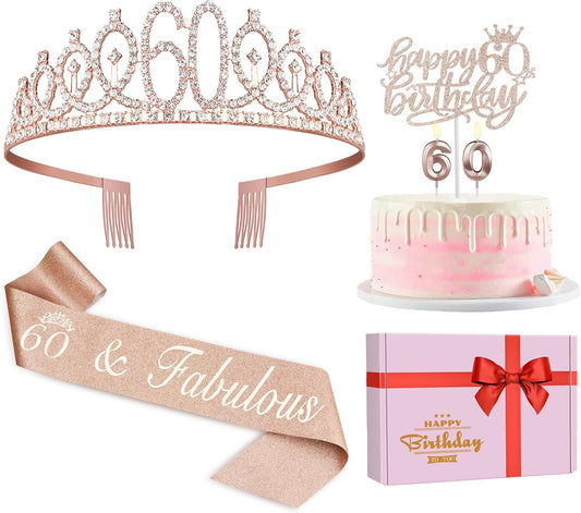 60th Birthday Decorations for Woman, Including 60th Birthday Sash and Crown, Cake Topper and Candles, 60 Year Old Gifts for Women
