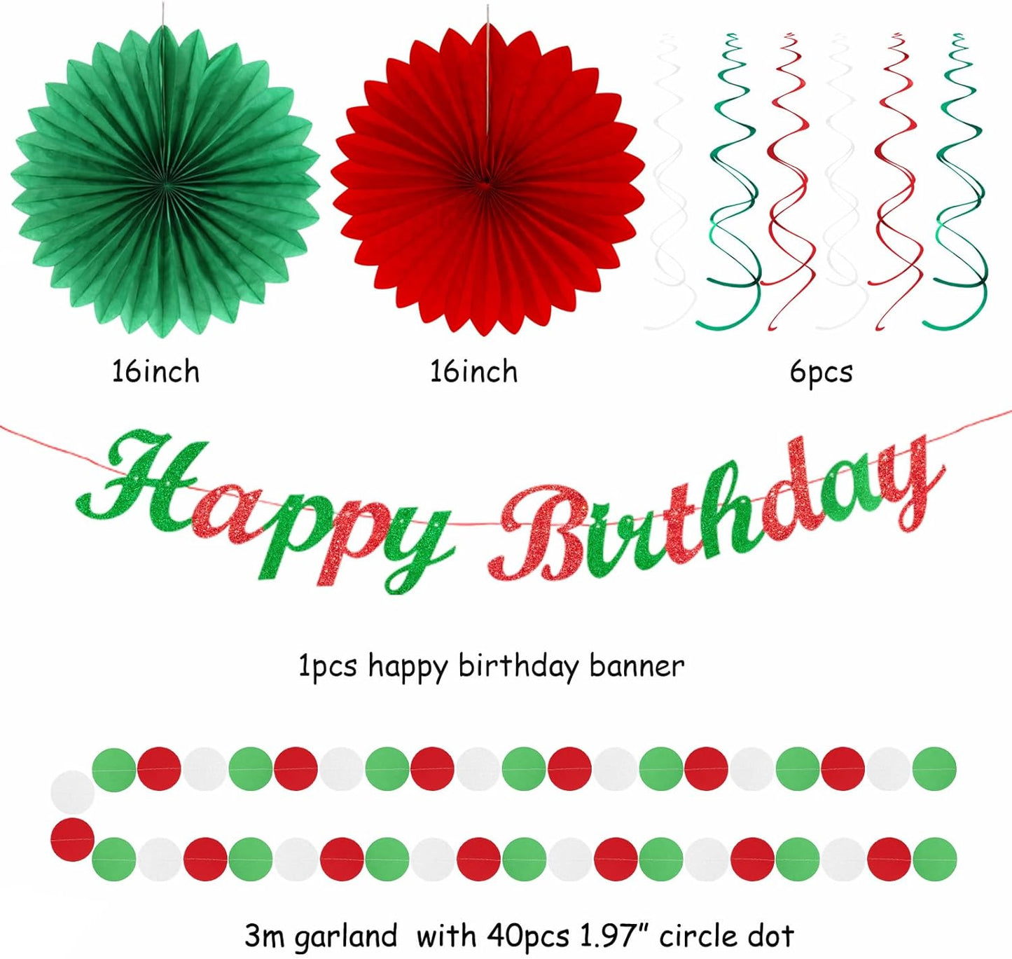 Red White Green Mexican Christmas Birthday Party-Decorations - 21pcs Happy Banner,Paper Lanterns Honeycomb,Tissue Pom Poms Flower Fan,Italian Kids Classroom Hanging Streamers Garland Decor Huglony