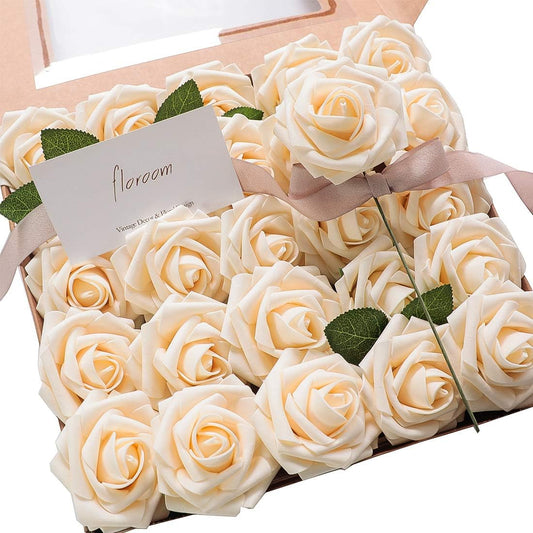 Floroom Artificial Flowers 25pcs Real Looking Champagne Foam Fake Roses with Stems for DIY Wedding Bouquets Bridal Shower Centerpieces Floral Arrangements Party Tables Home Decorations