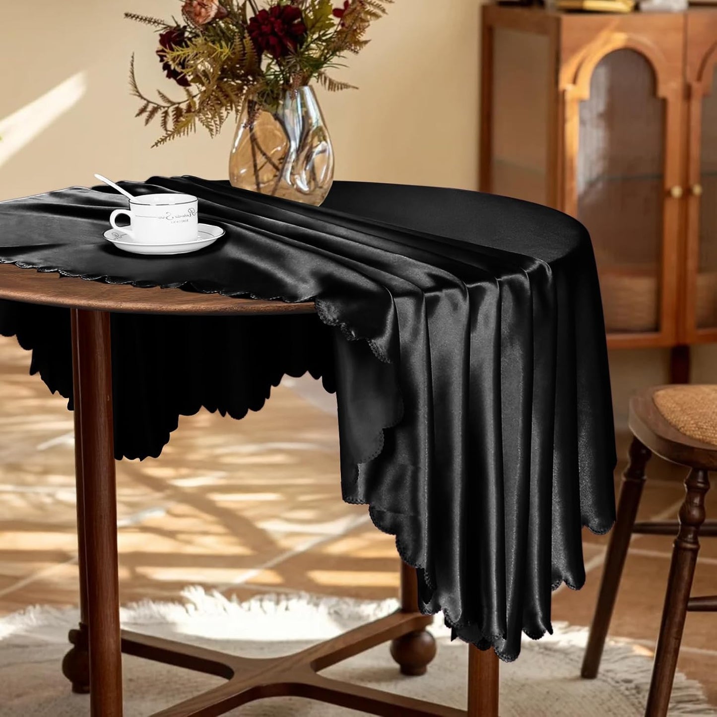 KKJIAF 1 Pack 108 Inch Round Table Cloth, Black Overlay Round Satin Table Cover, Silky Satin Dining Tablecloths for Wedding Buffet Parties Banquet Decoration