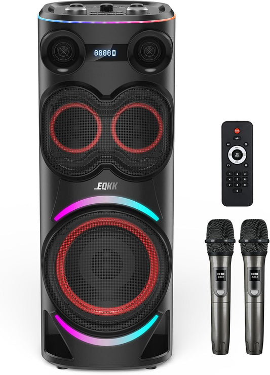 25.9''Karaoke Machine with Two Wireless Microphones and Dynamic Party Lights, Outdoor Bluetooth Speaker with 8” Woofer Wireless with Party Speaker,Speakers Support Bi-Amping(Stage Monitors)