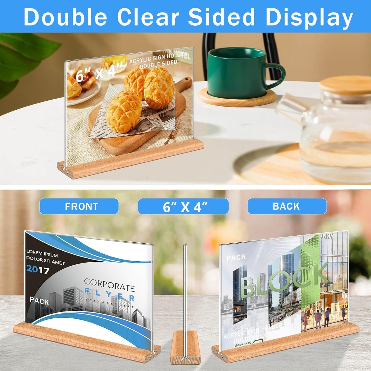 Kersally Acrylic Sign Holder 6 x 4, 6 Pack Double-Sided Clear Table Display Stands with Wood Base,Horizontal Acrylic Frame Menu Flyer Paper Holder for Store, Restaurant, Hotel, Office, Show Fair
