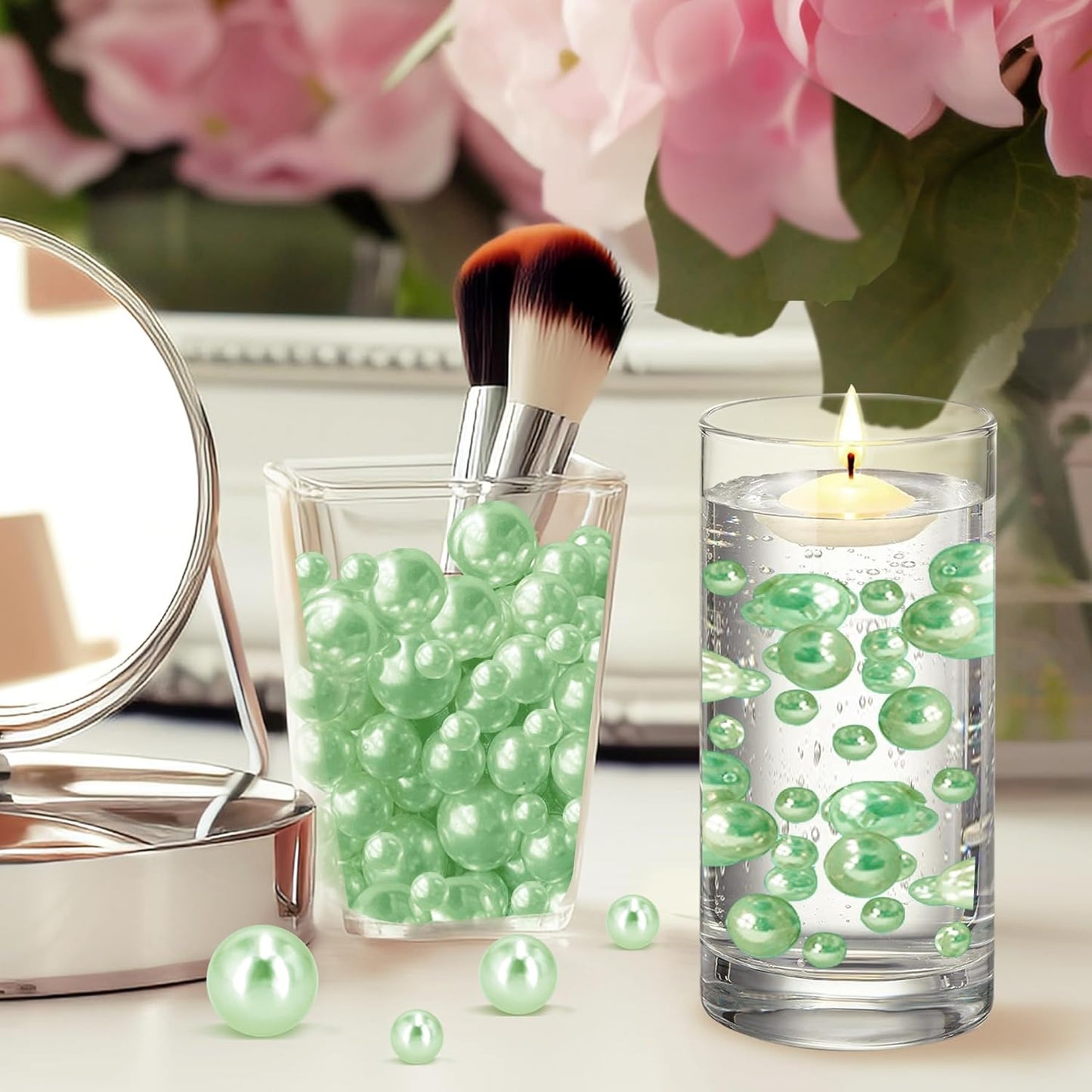 150Pcs Light Green Polished No Hole Faux Pearl Beads for Vase Filling Decorations, Plastic Pearls Vase Fillers, Table Scatters, Wedding Centerpiece, Home Decor, 8/14/20 mm