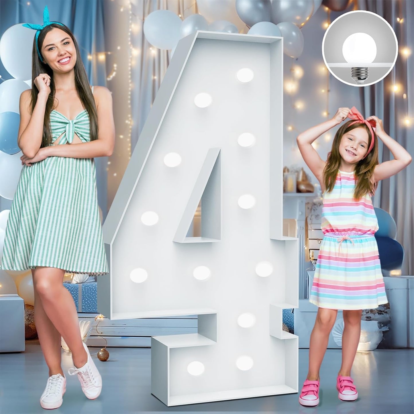 4FT Marquee Light Up Numbers - Cool White Light Up Numbers 4 with Fixed Water Bag, Party Decoration Large Marquee Light Up Numbers can Be Used for Wedding Decoration, Birthday Party Decoration