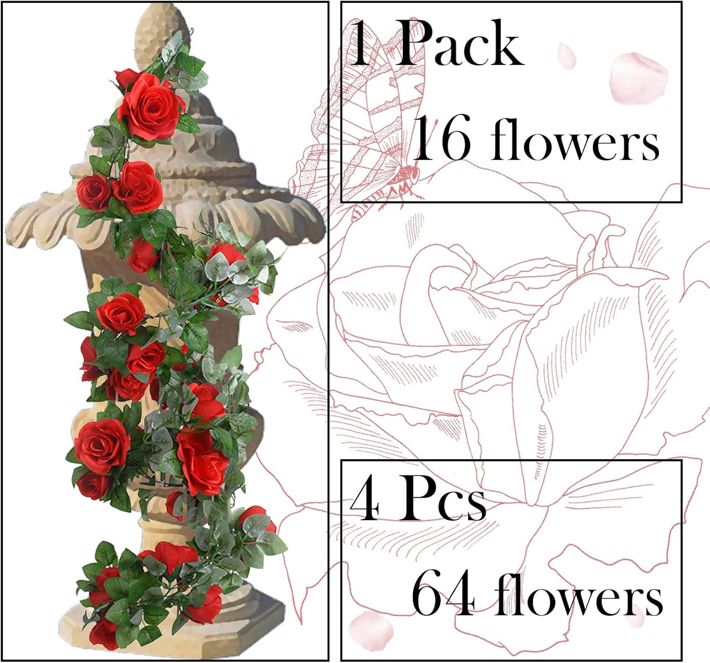 4 Pack Artificial Rose Vine Garland Fake Roses Flowers Plants Vines Hanging Floral Leaves Decoration for Wedding Party Table Garden Arch Wall Home Room Decor(Red)