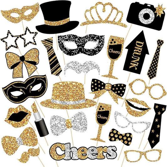 30 Pieces Black Golden Photo Booth Props for Birthday Wedding New Year Party,Mix of Hats, Mask, Lipstick, Tie, Crowns and More Funny Selfie Props