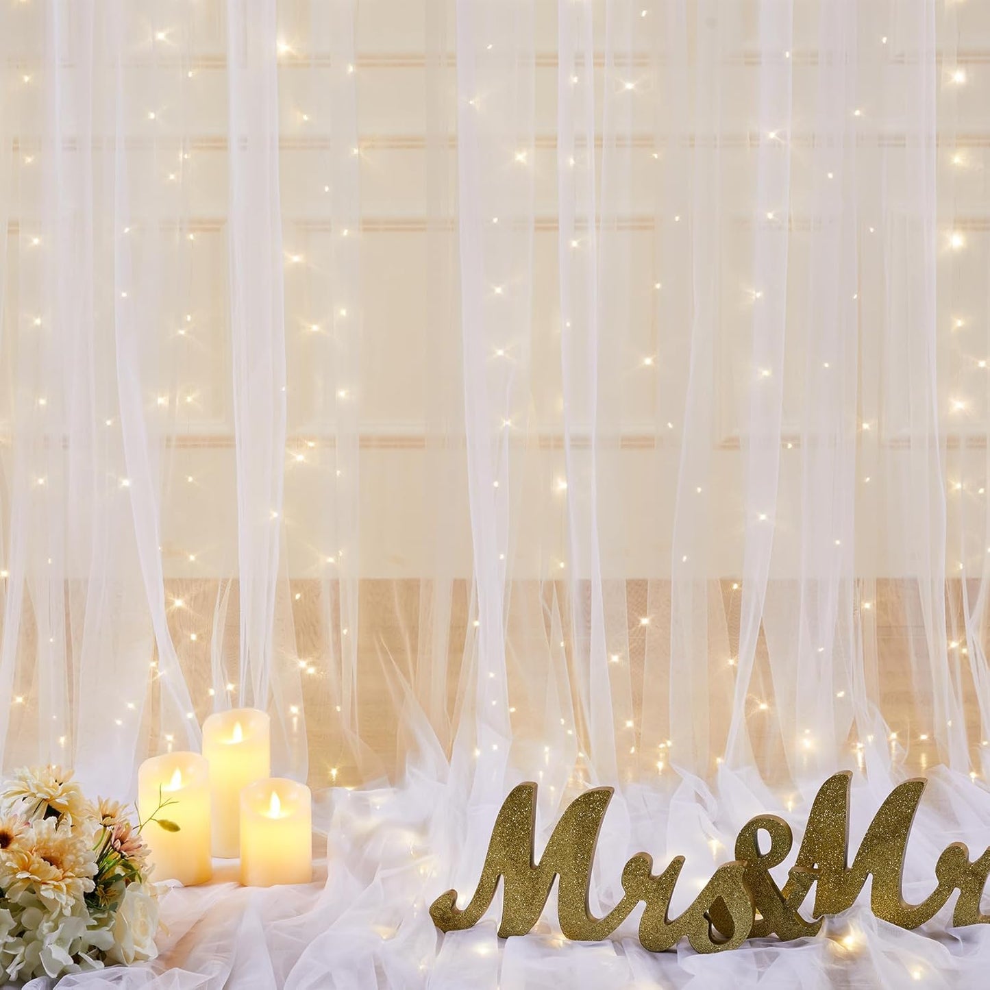 White Tulle Backdrop Curtain with Lights String, 10ft x 10ft for Weddings Baby Showers Birthday Parties, Sheer Wrinkle Free Backdrop, Easy to Install Photo Booth Background Decorations