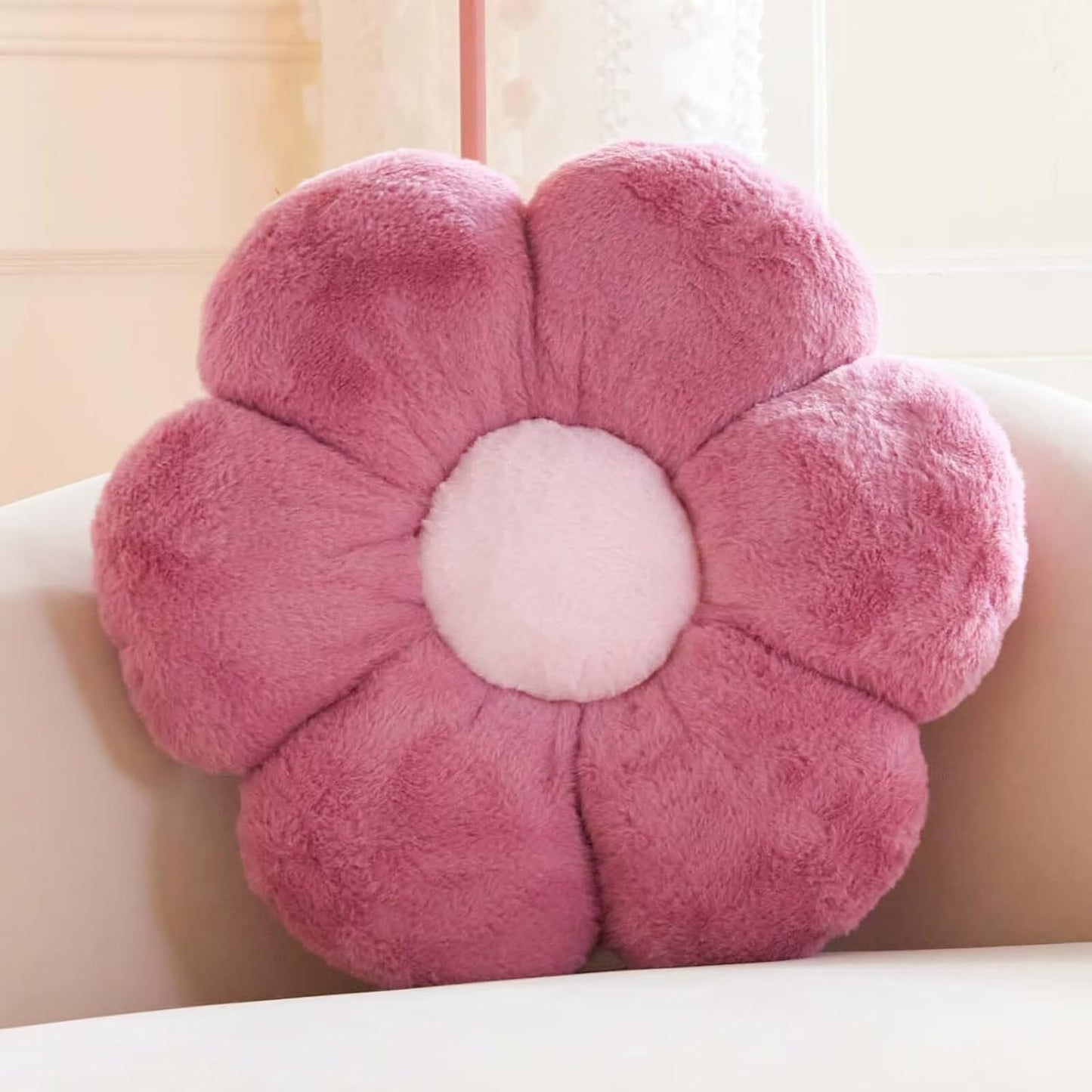 Dusty Purple Flower Pillow, Cute Decorative Flower Shaped Throw Pillow with Faux Rabbit Fur, 14.9" Soft Flower Plush Throw Pillow Floor Pillows Room Décor for Bedroom Living Room
