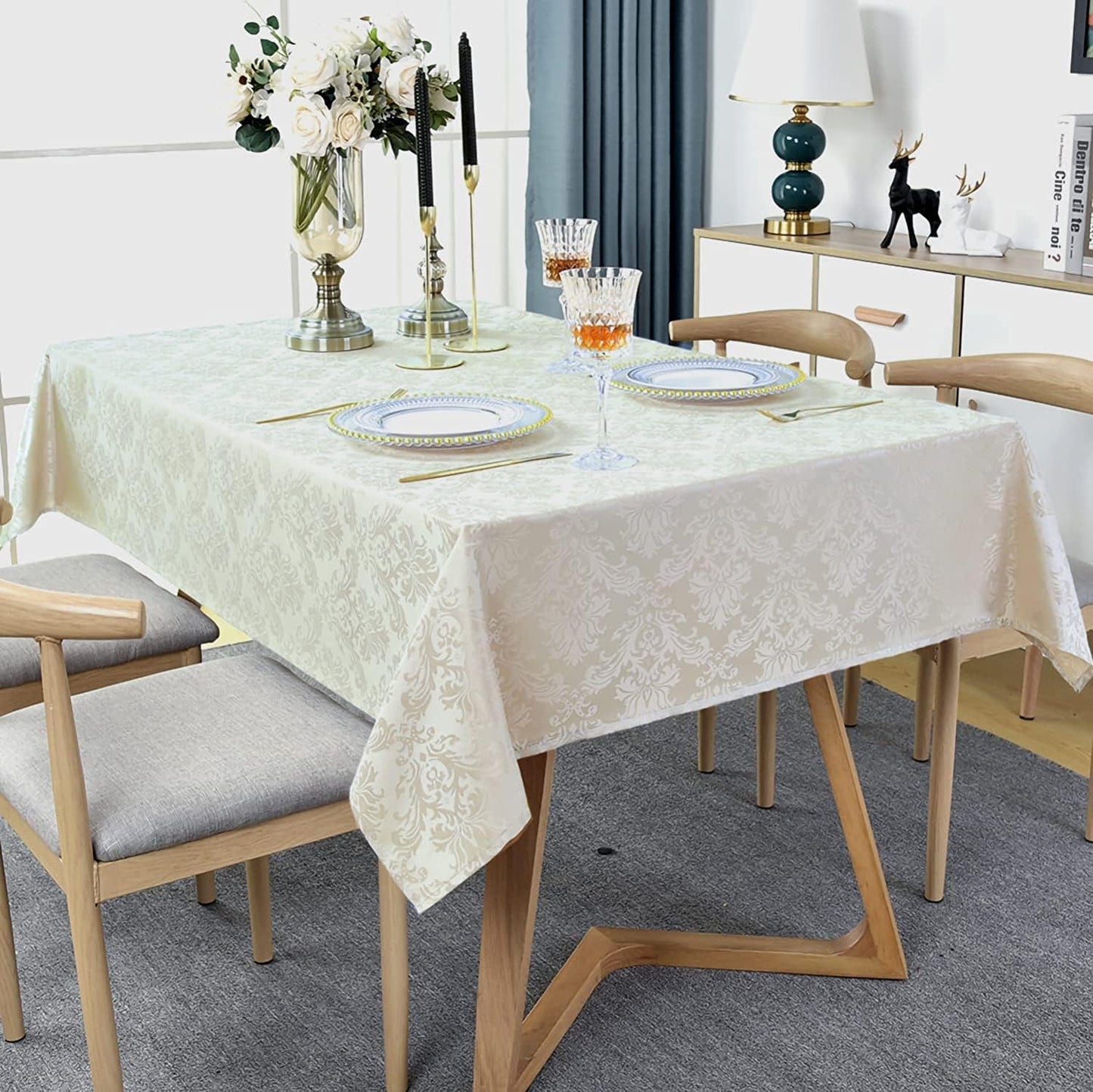 SASTYBALE Rectangle Tablecloth - 60 x 120 Inch Beige Cream Damask Table Cloth Jacquard Design Spill Proof Wrinkle Resistant Waterproof Soft Polyester Oblong Table Cover for Kitchen Parties(Ivory)