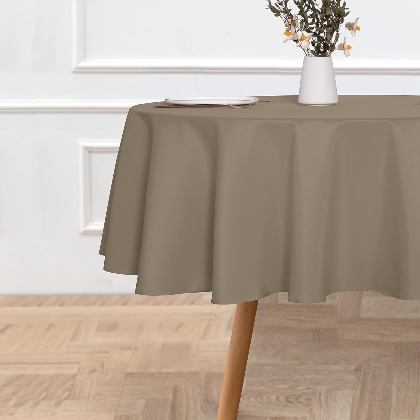 sancua Round Tablecloth - 70 Inch - Water Resistant Spill Proof Washable Polyester Table Cloth Decorative Fabric Table Cover for Dining Tables, Buffet Parties and Camping, Taupe