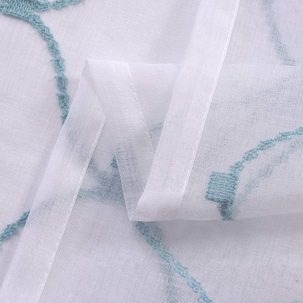 Embroidery Sheer Curtains Blue 95 Inches Long, Window Treatments Rod Pocket Drapes for Living room, Bedroom, Wave Diamond Crinkle Voile Curtain Panels for Yard, Villa, Parlor, Set of 2, 52"x 95".