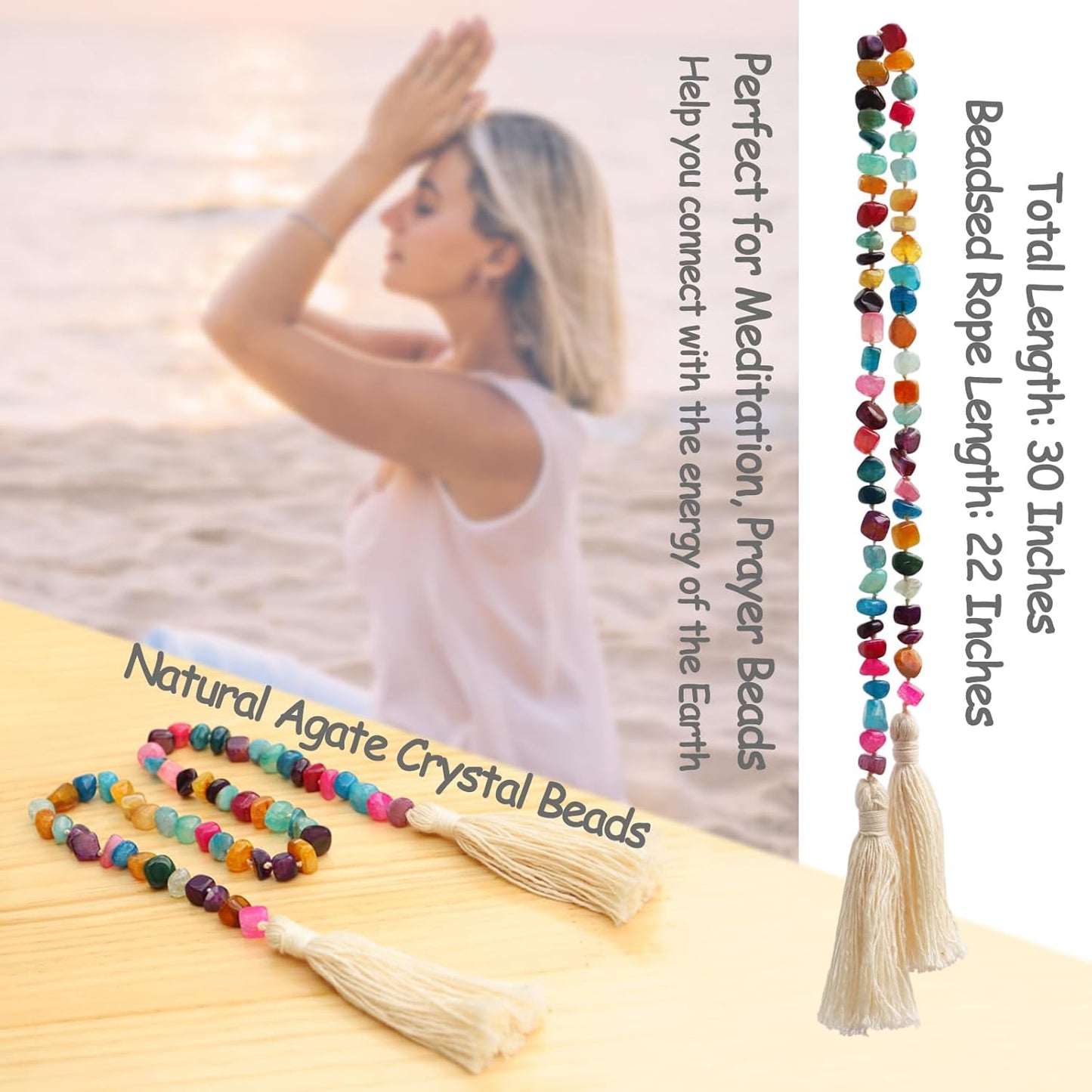Agate Stone Hand Knotted Garland Modern Farmhouse Rustic Table Home Decor, 30inch Meditation Accessories with Tassel, Prayer Healing Beads Boho Wall Shelf Hanging Decoration (Deep Multicolor)