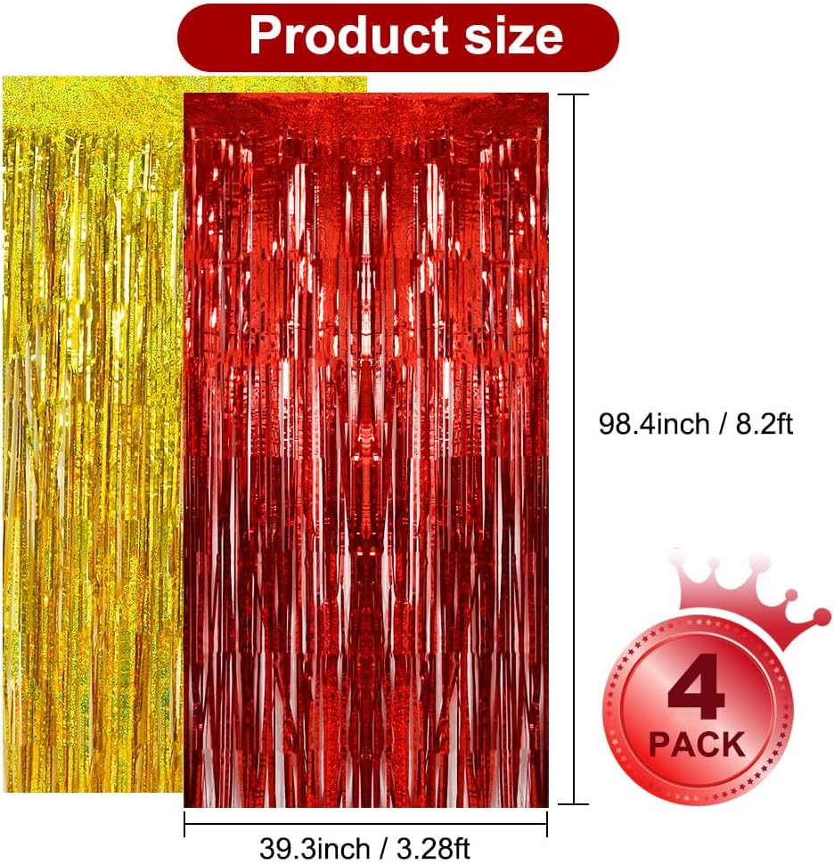 BEISHIDA 4 Pcs Red and Gold Party Streamers Fringe Foil Curtain Backdrop Tinsel Background Party Decoration for Door Wall Graduation Birthday Wedding Anniversary Christmas Party Decoration