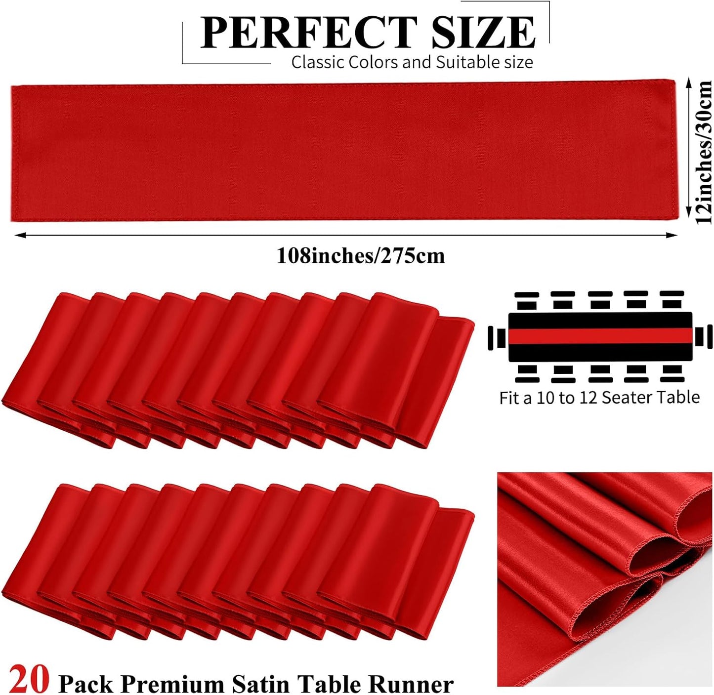 20 Pack Red Satin Table Runner,12 x 108 inch Long Premium Smooth Red Table Runners for Wedding, Banquets, Birthday, Party, Engagements,Table Runners fit Rectangle and Round Table