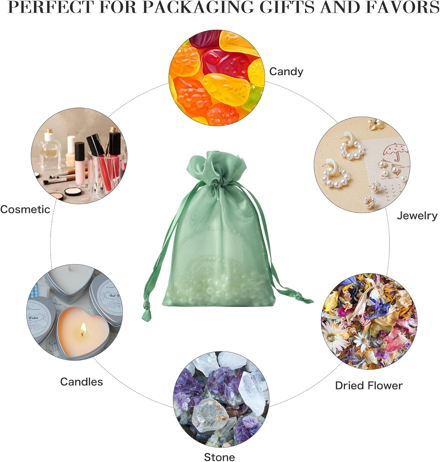 QIANF 20 Pcs Sage Green Small Organza Bags 3X4 inch for Wedding Favors with Drawstring, Mini Mesh Gift Bags Jewelry Pouch for Candy Bridal Shower Party Favor Baby Shower Christmas