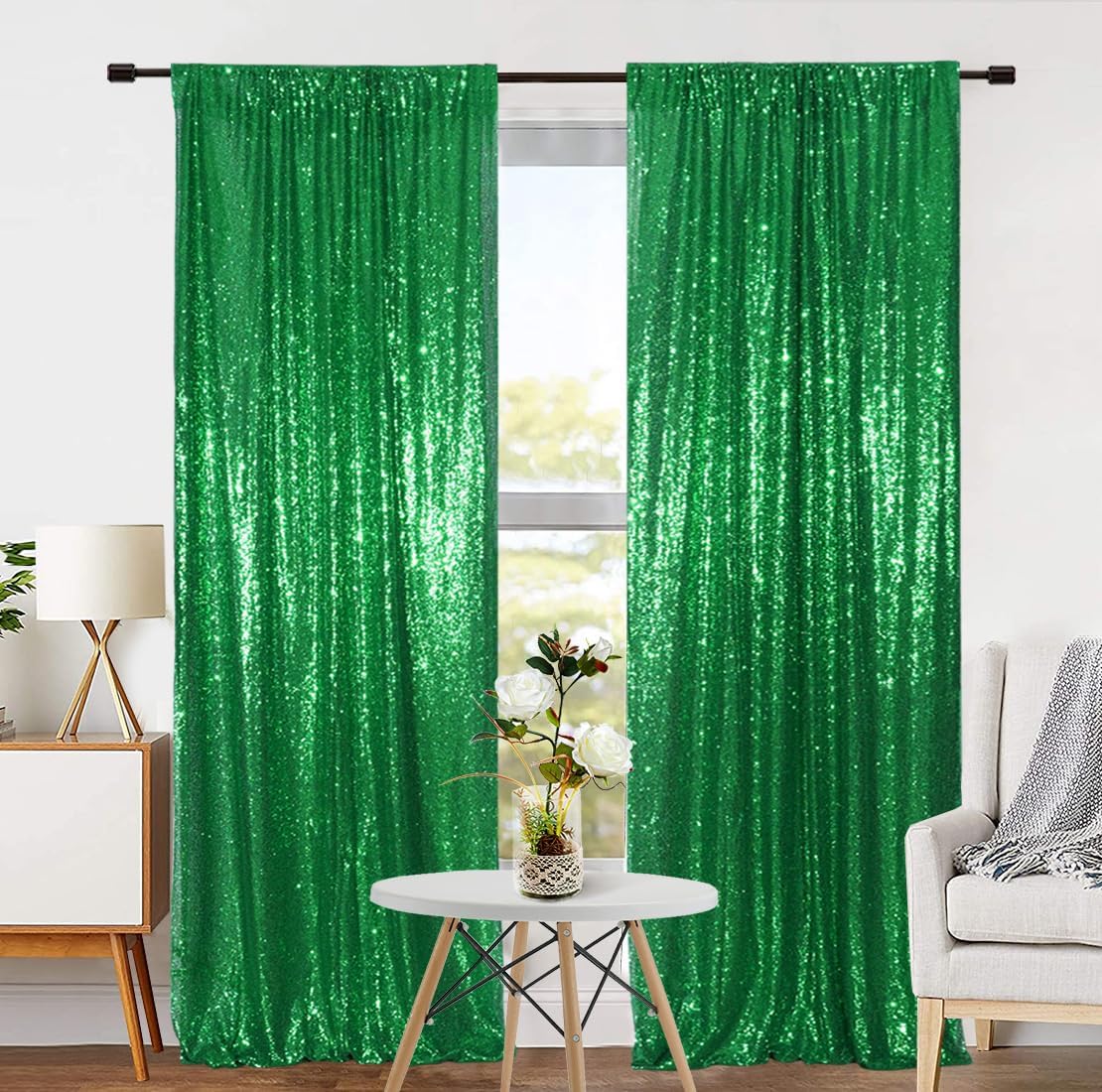 Eternal Beauty Sequin Backdrop Curtains, 2x8 Ft-2 Panels Green Back Drop for Shimmer Photography Party Wedding Birthday Decor