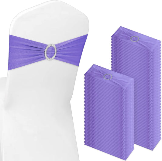CHENGU 150 Pieces Spandex Stretch Chair Sashes Bows Elastic Chair Cover Bands Ties with Buckle Slider for Wedding Party Reception Events Universal Ceremony Banquet Decorations (Light Purple)