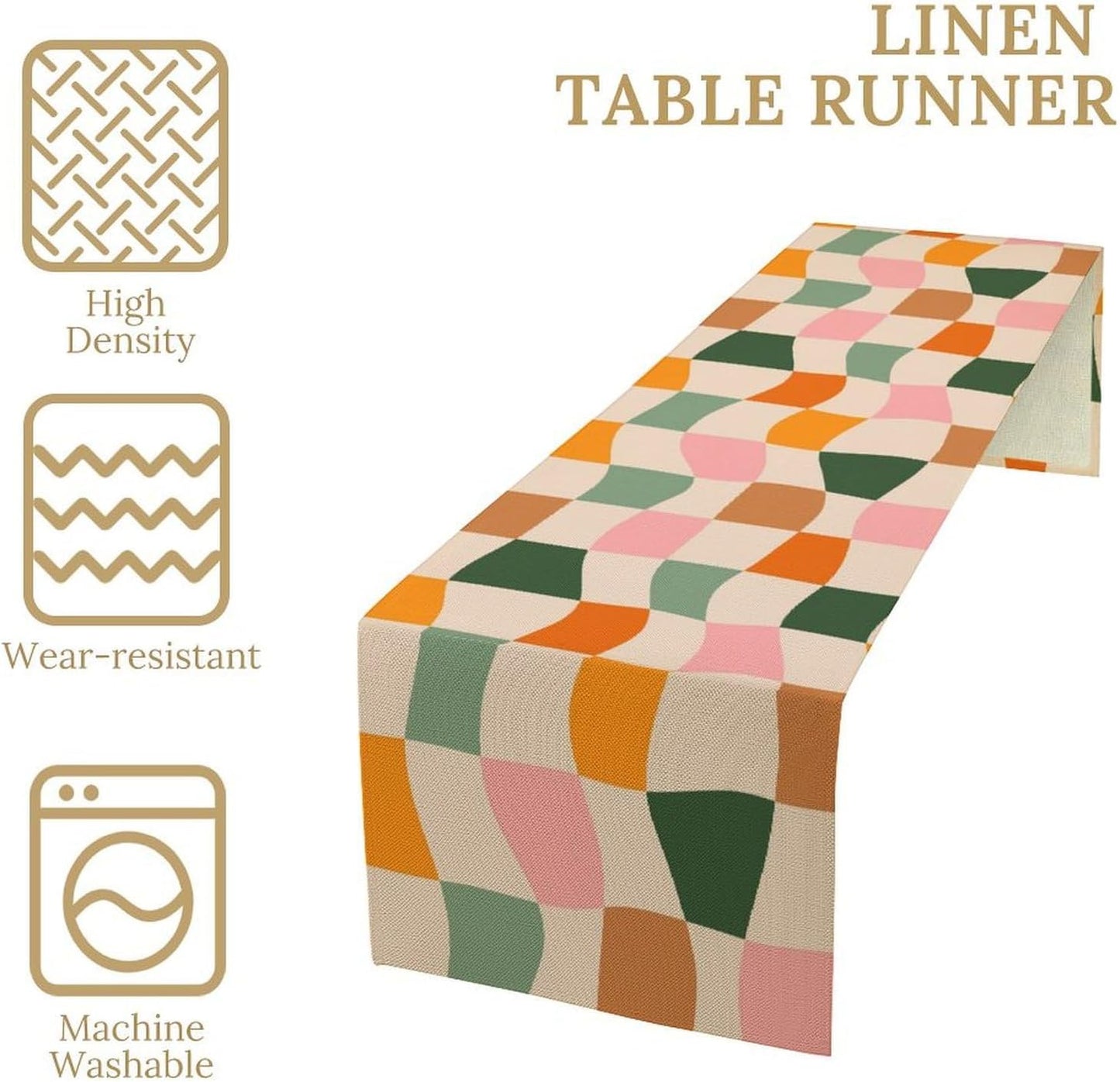 Hippie Table Runner, Vintage Geometric Square Orange Green Pink Grid 60s 70s Style Kitchen Dining Room Decor for Indoor Outdoor Wedding Party Table Runner 13x60 Inch