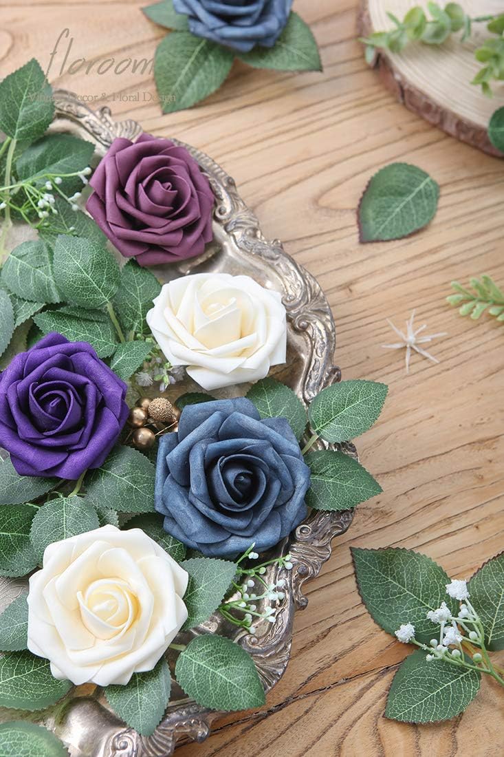 Floroom Artificial Flowers 50pcs Real Looking Champagne Foam Fake Roses with Stems for DIY Wedding Bouquets Bridal Shower Centerpieces Floral Arrangements Party Tables Home Decorations