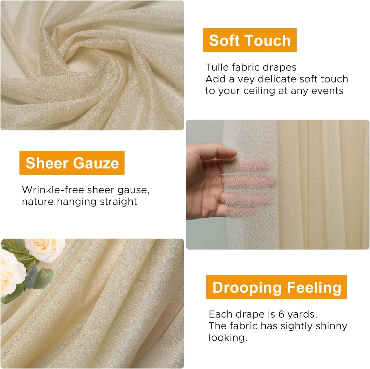 Wedding Arch Draping Fabric 2 Panels 28.7" x 20FT Champagne Sheer Chiffon Backdrop Drapes for Wedding Ceremony Birthday Party Bridal Shower Outdoor Decoration