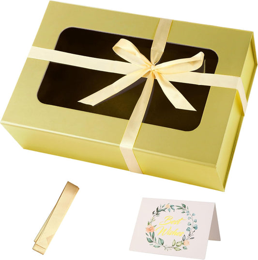 TIACABO Gold Large Gift Box with Window, 13.5"x9"x4.3" Bridesmaid Boxe for Gifts Giving,Birthday Gift Boxes with Magnetic,Closure Lid Gifts Box for Presents,Cute Boxe,Luxury for Gift Packaging