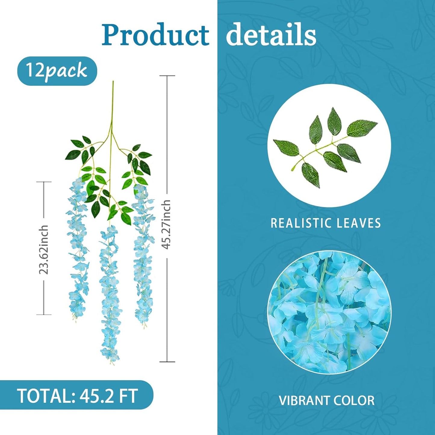 12 Pack Lake Blue Wisteria Hanging Flowers Garland, 3.77 Feet Artificial Flower Vines, Fake Wisteria, Artificial Vines Hanging Garland for Backdrop Outdoor Yard Garden Decor