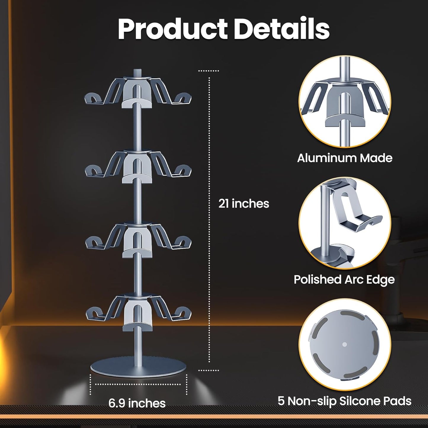 4 Tier Aluminum Alloy Game Controller Stand, Rotatable Gaming Controller Headset Holder Compatible with PS5 Xbox Nintendo Switch PS4, Controller Headphone Stand Organizer Rack for desk, Grey