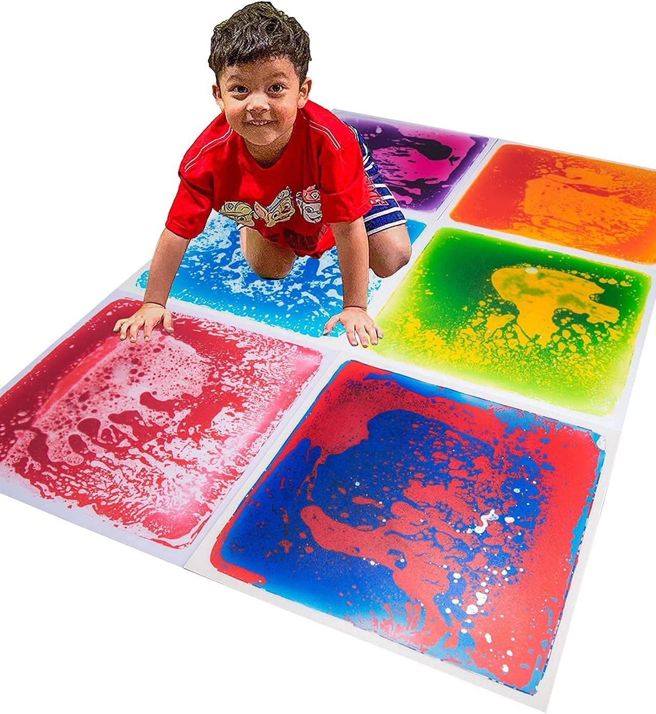 Art3d 6-Tile Sensory Room Tile Multi-Color Exercise Mat Liquid Encased Floor Playmat Kids Play Floor Tile, 19.7" Large Tile 16 Sq.Ft
