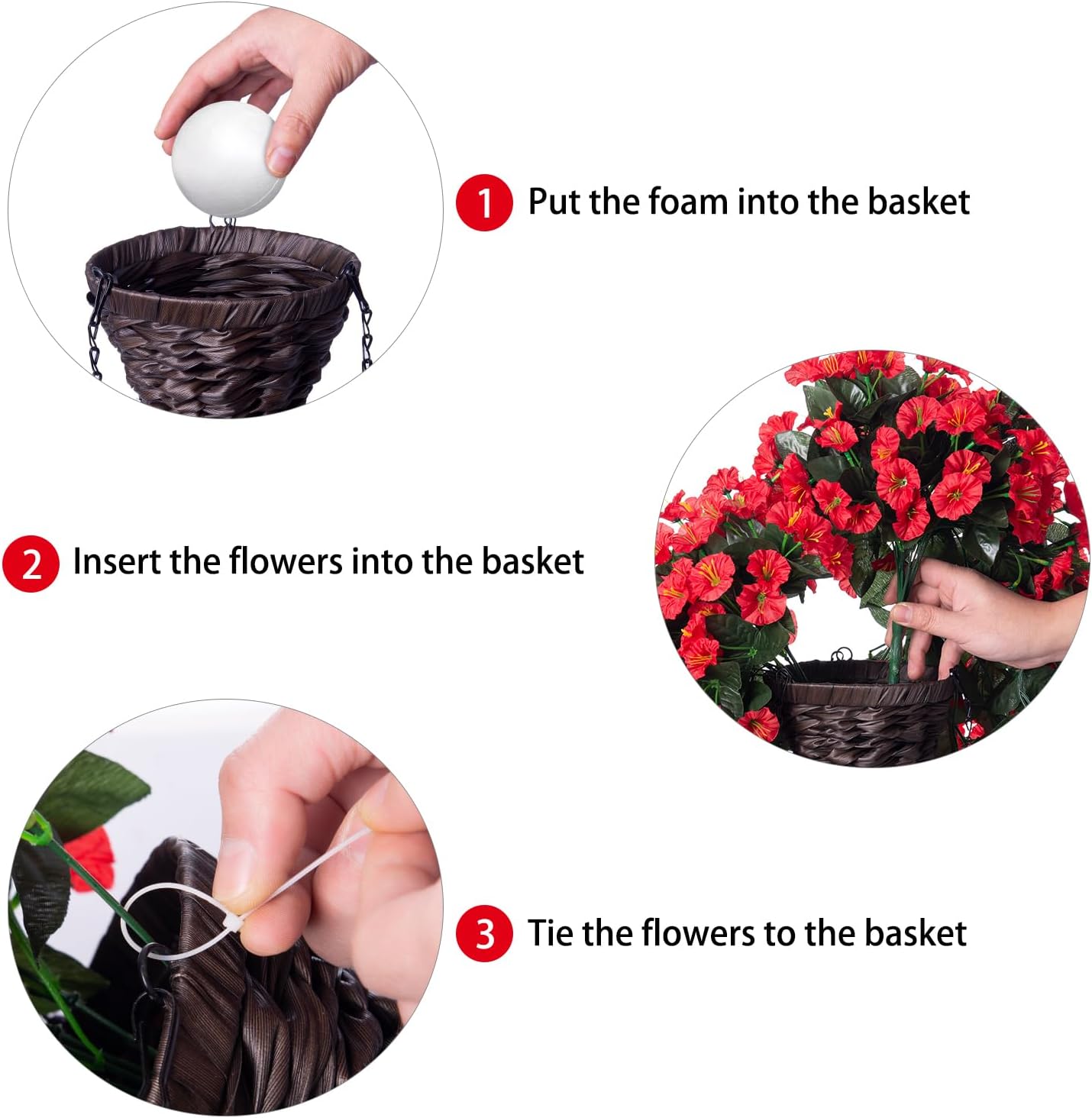 Artificial Fake Red Hanging Flowers Plants Baskets for Outdoor Winter Christmas, Faux Silk UV Resistant Look Real Morning Glory Vines for Outside Porch Patio Balcony Garden Yard Home Decor